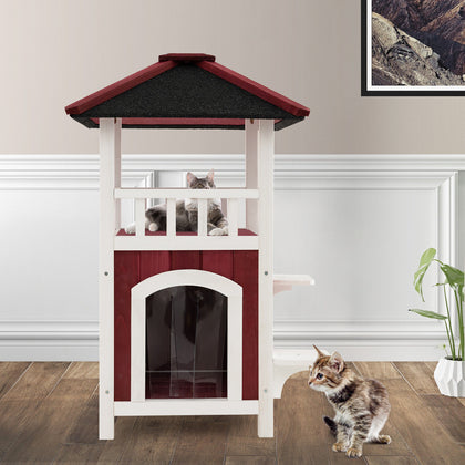 2-Story Cat Shelter Wooden Cat House Weatherproof Pet Hutch w/Removable Floor