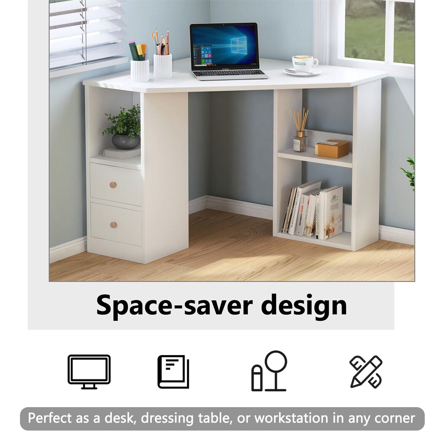 Corner Computer Desk with Storage Shelves Home Office Study Workstation Wooden