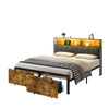 Double Metal Bed Frame with Drawers Storage Upholstered Headboard with LED & USB