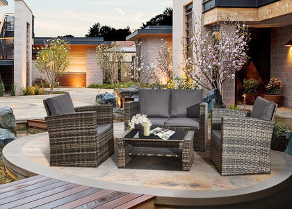 4PC Rattan Garden Furniture Set – Outdoor Patio Sofa, 2 Armchairs & Glass Table