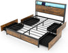 Double Size Bed Frame Metal Platform Bed w/4 Storage Drawers & Storage Headboard