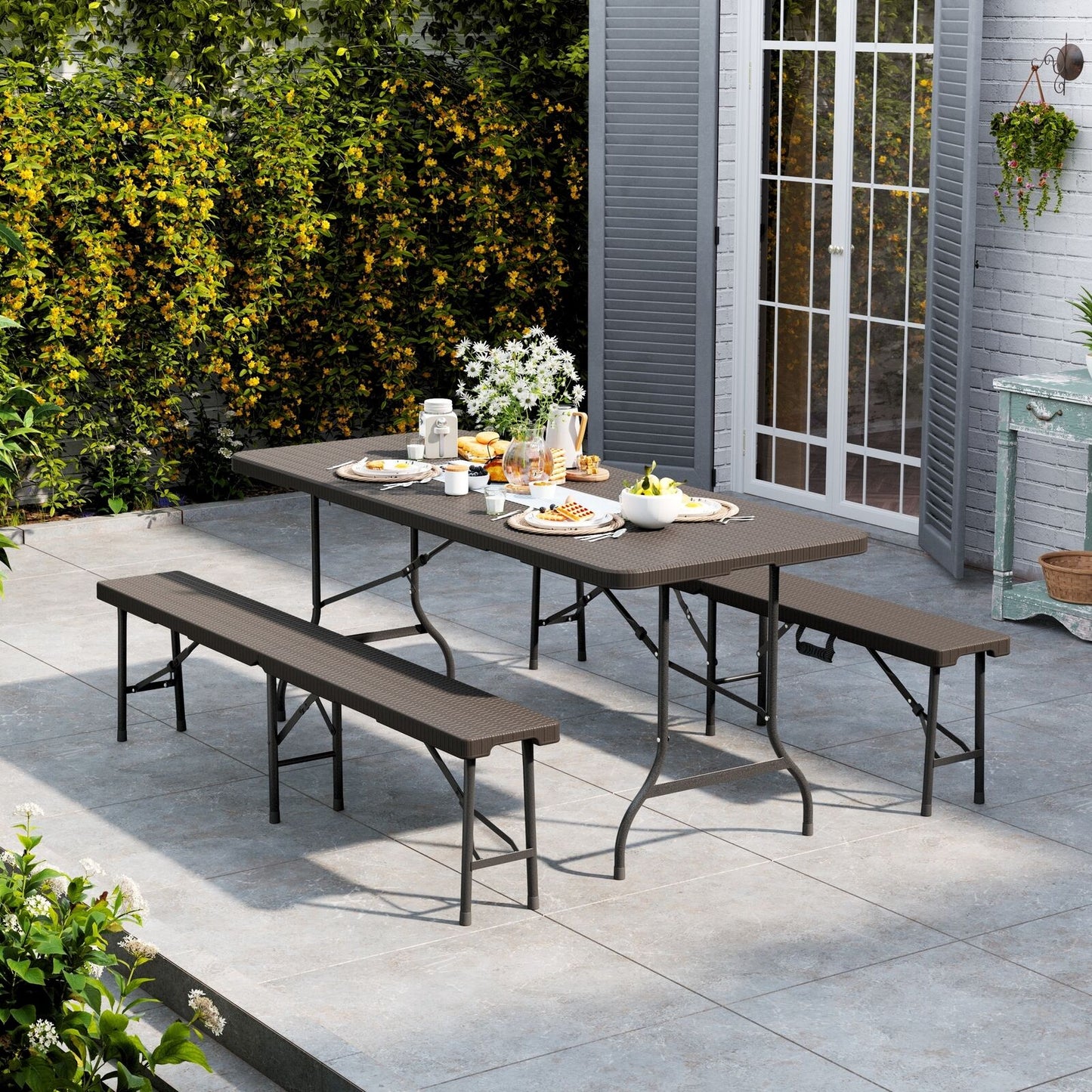 Rattan Garden Dining Table and Chairs Set Folding Camping BBQ Picnic Table Bench