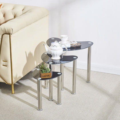 3pcs Heart Shape Black Tempered Glass Side End Nested Table Bedside Coffee Table