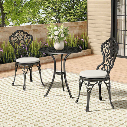 3pcs Garden Cast Aluminium Bistro Set Outdoor Coffee Table with Chairs &Cushions