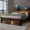 Double Metal Bed Frame with LED, Charging Port, Storage Headboard & Footboard