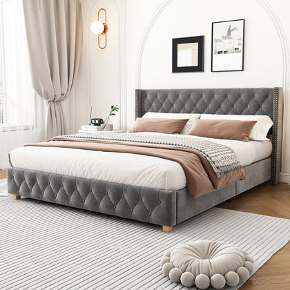 4ft6 Upholstered Double Bed Frame with Velvet Tufted Headboard & Wing Side Grey
