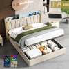 Double Ottoman Storage Upholstered Bed Frame with Headboard & LED Lights Beige