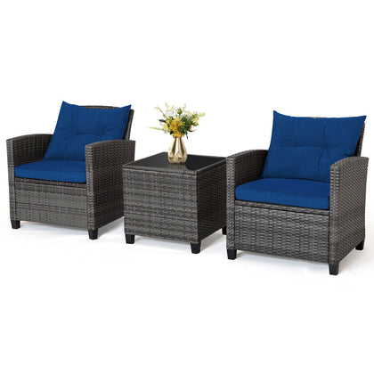 3Pcs Outdoor Conversation Set Garden Furniture Patio Rattan Sofa Table Set Blue