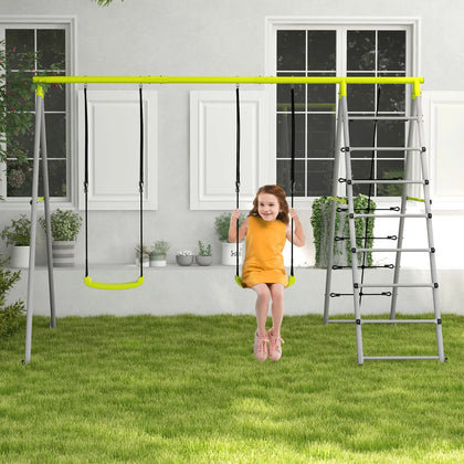 4-in-1 Garden Swing Set with Two Swings, Climber, Climbing Net, for Outdoors