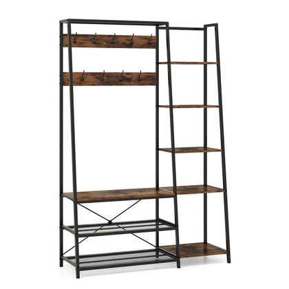 5 Side Shelves Hall Tree Entryway Bench With Coat Rack And Storage