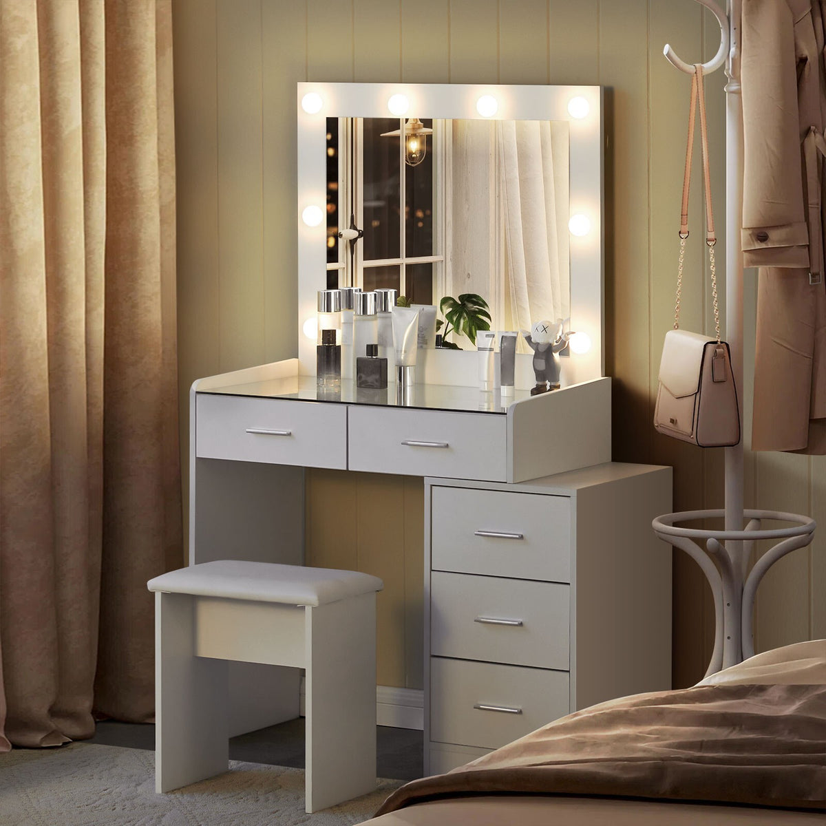 Dresser LED Dressing Table with Stool 5 Drawers Transparent Countertop ...