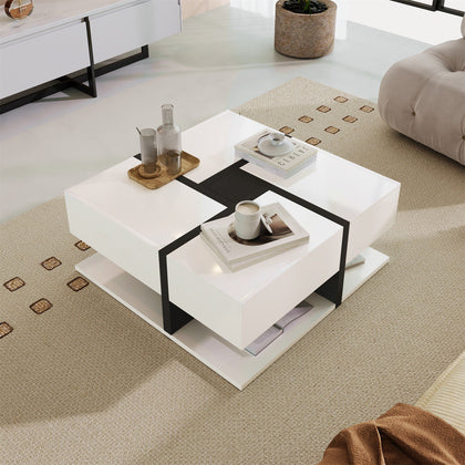 Modern Coffee Table with 4 Drawers Living Room Table Square Storage Space White
