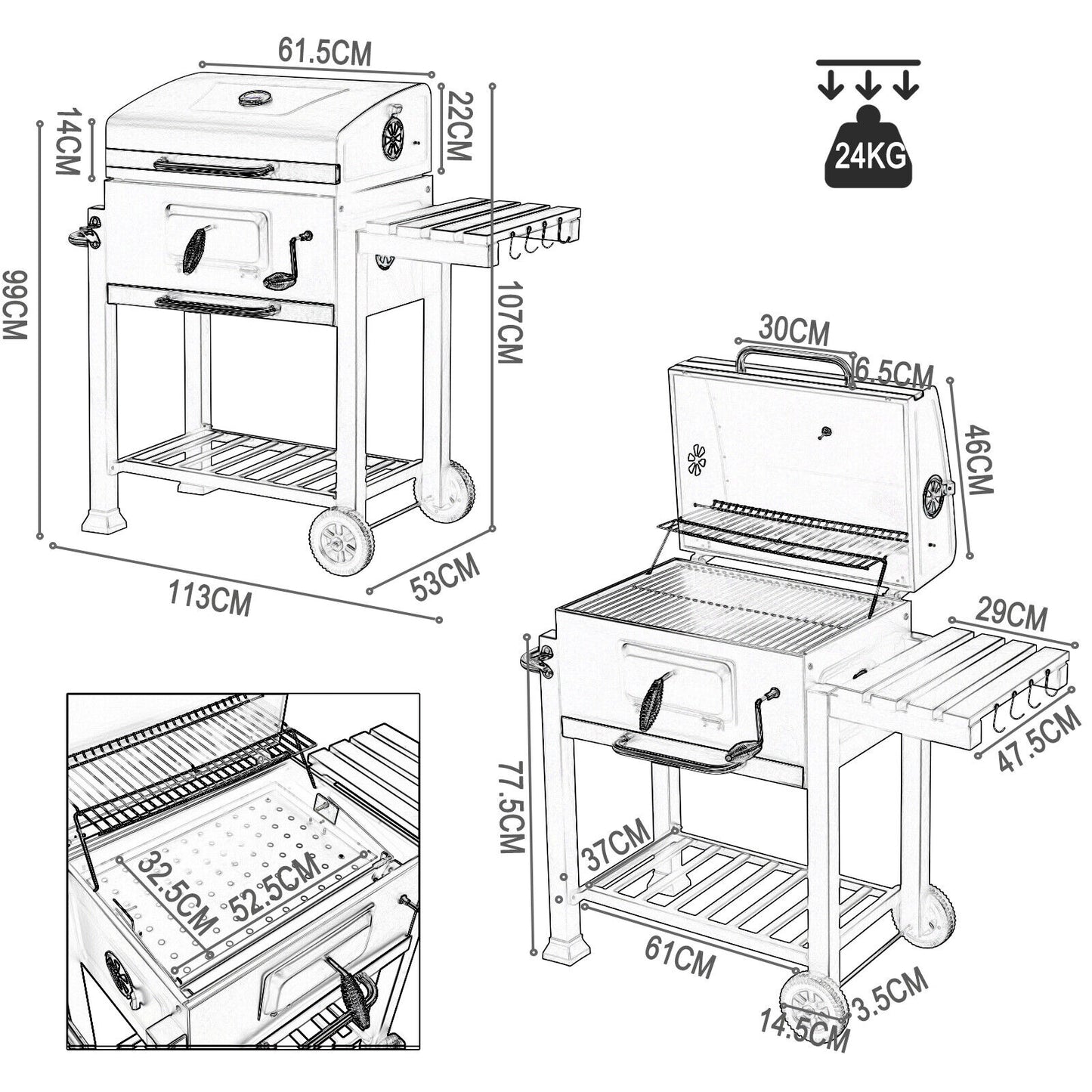 Garden Barbecue Grill Portable BBQ Trolley Grill with Thermometer Folding Shelf