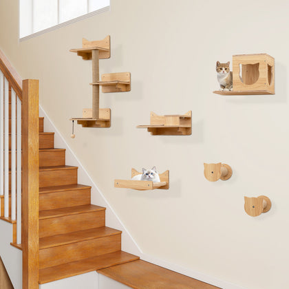 6 Pieces Cat Wall Furniture Set Wall Mounted Shelves 3-step Cat Tree