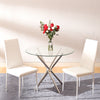 Glass Round Dining Table Set And Chairs Faux Leather Modern Chrome Legs Kitchen