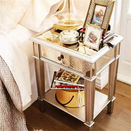 2 Tier Luxury Silver Mirrored Side Table Nightstand w/ Drawer Sofa Side Bedside