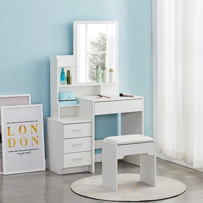 4 Drawer White Dressing Table Bedroom Wood Modern Mirror Dressing Desk Home New