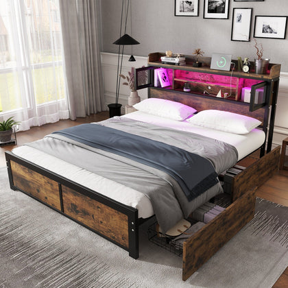 4ft6 Double Bed Frame Metal Slatted Bed Platform with Headboard & Storage Drawer