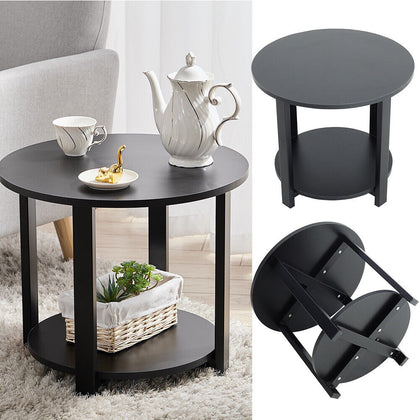 2 Tiers Round Side Coffee Table Bedside Lamp Stand Nightstand with Shelf Wooden