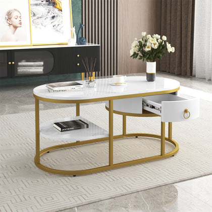 Marble Effects Coffee Table 2-Tier Chic Cocktail Accent Table w/ Storage Drawer