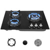 58cm Black 3 Burner Gas On Glass Hob With Cast Iron Pan Stands UK