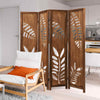 4-Panel Room Divider Privacy Screen with Carved Leaf Pattern-Brown