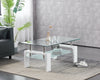 Coffee Table Clear Glass Top Frosted Shelf and White High Gloss Legs Modern Home