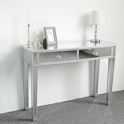 2-Drawers Glass Dressing Table Mirrored Bedroom Make-Up Console Vanity Table