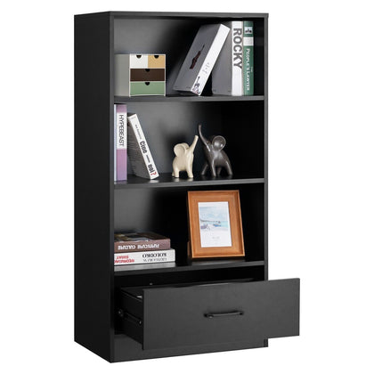4 -tier Wooden Bookcase Storage Rack Open Display Shelf w/ 1 Drawer Black