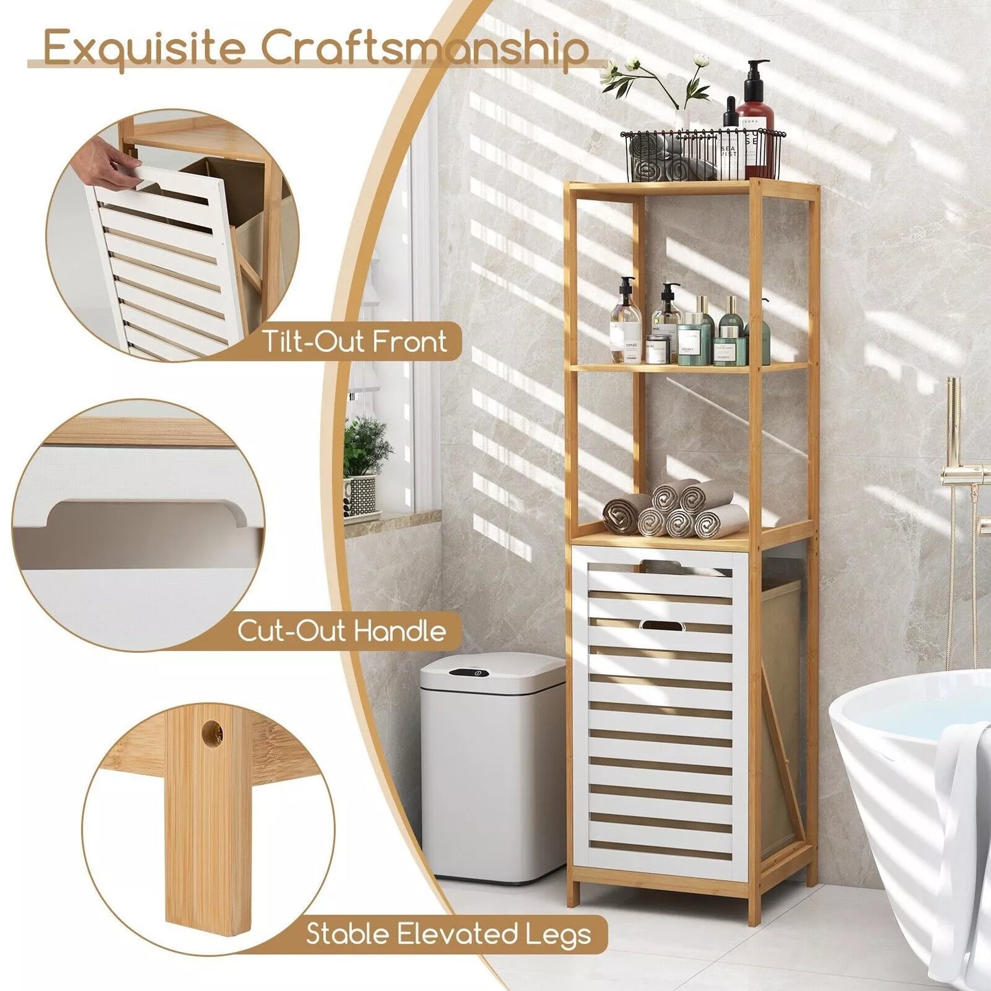 4-Tier Tilt-Out Laundry Hamper Bamboo Pull Out Laundry Hamper w/Shelves