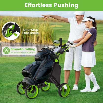 4-wheel Golf Trolley Push and Pull Golf Trolley with Scoreboard Bag-Green