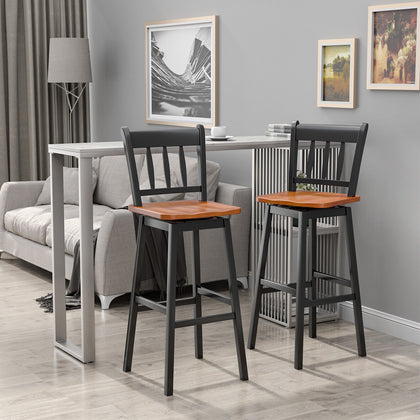 2X Swivel Height Bar Stools Solid Rubber Wood Dining Chairs w/ Footrest Backrest