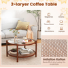 Round Coffee Table Glass Top Rattan Shelf Wooden Frame Living Room Centre Table