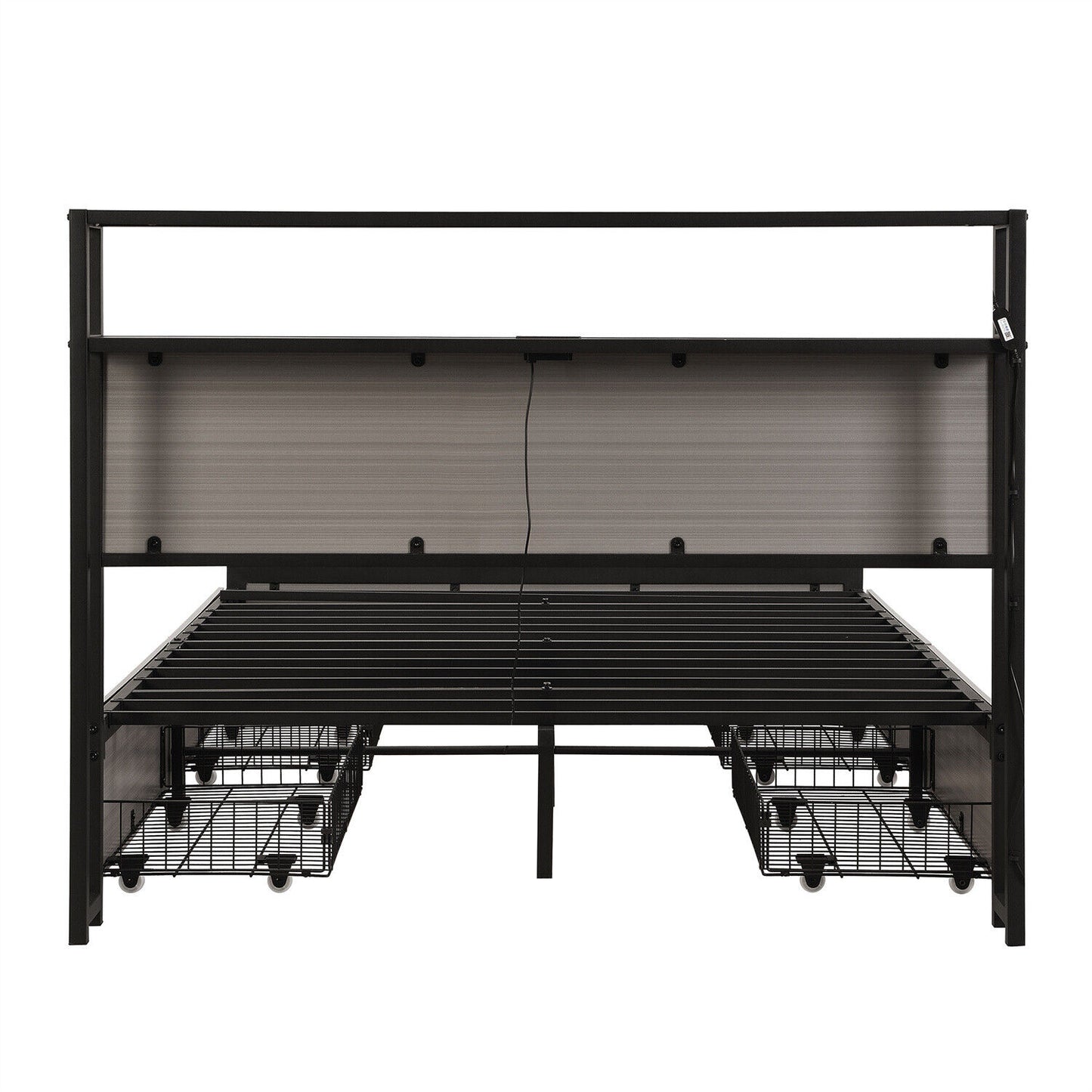 Double Bed Frame with LED Lights, 4 Drawers, Charging Station Metal Platform Bed