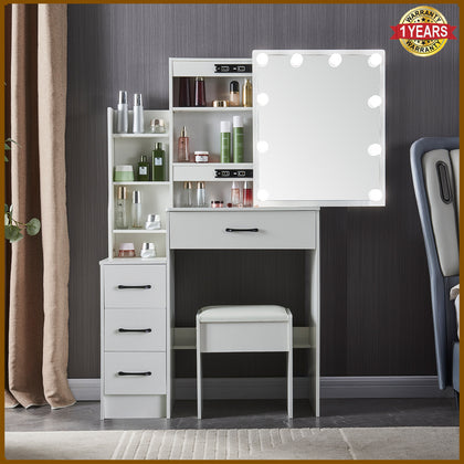Large Dressing Table Stool Set with 3 color LED Light Mirror Vanity Make up Desk