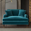 Teal Blue Velvet Loveseat Foam Filled with Dark Wood and Gold Legs Saddle Arms
