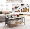 Coffee Table Rectangular 2 Tier Storage Shelf Faux Marble Metal Living Room Home