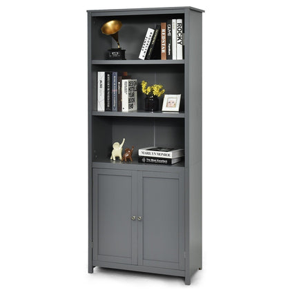 Modern Freestanding Bookcase Wooden Storage Cabinet w/ Open Shelves and 2 Doors