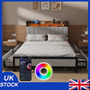 Double Size Bed Frame Metal Bed Platform LED Lights Headboard & Storage UK STOCK