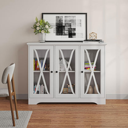 Large Modern GLASS 3Door Sideboard Cupboard Display Cabinet Buffet 120cm Storage