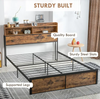 Industrial King Size Metal Bed Frame Wooden Panels Integrated Storage Headboard