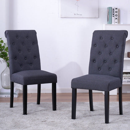 2x Button Tufted High Back Dining Chairs Fabric Upholstered Room Kitchen Grey
