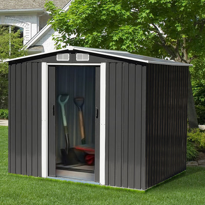 8 x 8ft Outdoor Tool House Metal Storage Garden Shed W/Sliding Door, Foundation