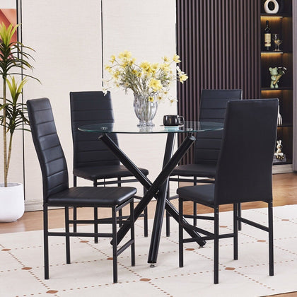 4pcs Black Faux Leather Dining Chairs & Round Clear Glass Dining Table Black Leg