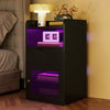 Bedside Cabinet with USB, LED & AC Outlet, Black Side Table with Drawer