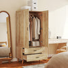 2 Door Wardrobe, Modern Wardrobe w/ 2 Drawer, Hanging Rail for Bedroom Natural