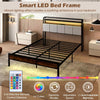 King Size Bed Frame w/ 2-Tier Storage & LED Light-Brown