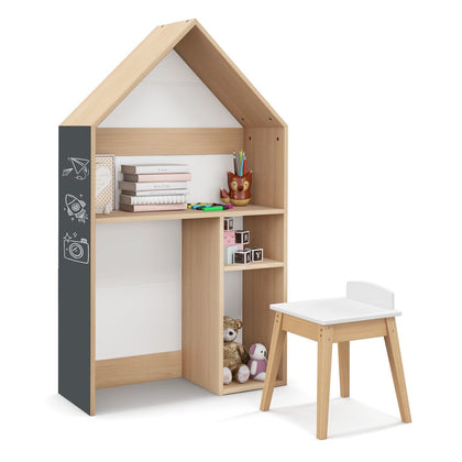 2-in-1 Kids Table and Chair Set House-Shaped Wooden Desk with Ample Storage