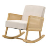 Wooden Rocking Chair Rattan Armrest Linen Fabric Cushion Thick Seat Relax Sofa