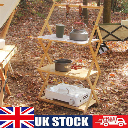 4 Layer Bamboo Outdoor Folding Shelf Wooden Camping Storage Rack Shelves Unit UK
